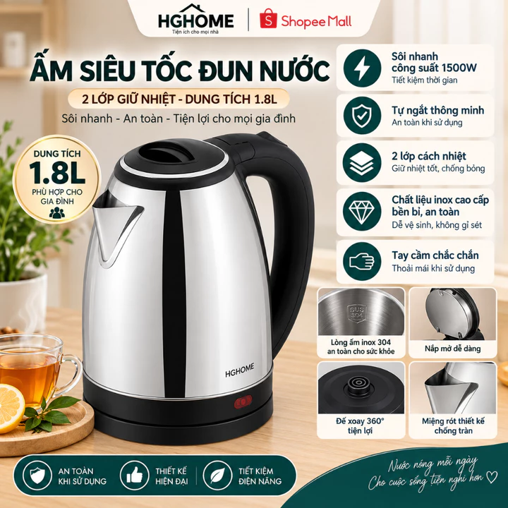 Ấm Siêu Tốc Đun Nước HGHOME 2 Lớp Dung Tích 1.8L Sôi Nhanh, Tự Ngắt Thông Minh An Toàn Tiện Lợi