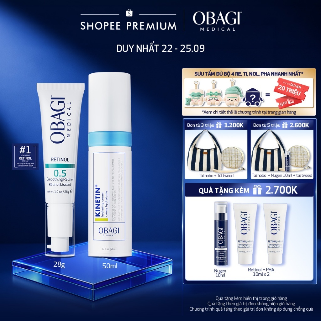 [PHIÊN BẢN MỚI] Bộ đôi Kem Dưỡng Đêm Obagi Retinol 0.5 (28g) và Kem dưỡng Clinical Kinetin+ Hydrating Cream 50ml