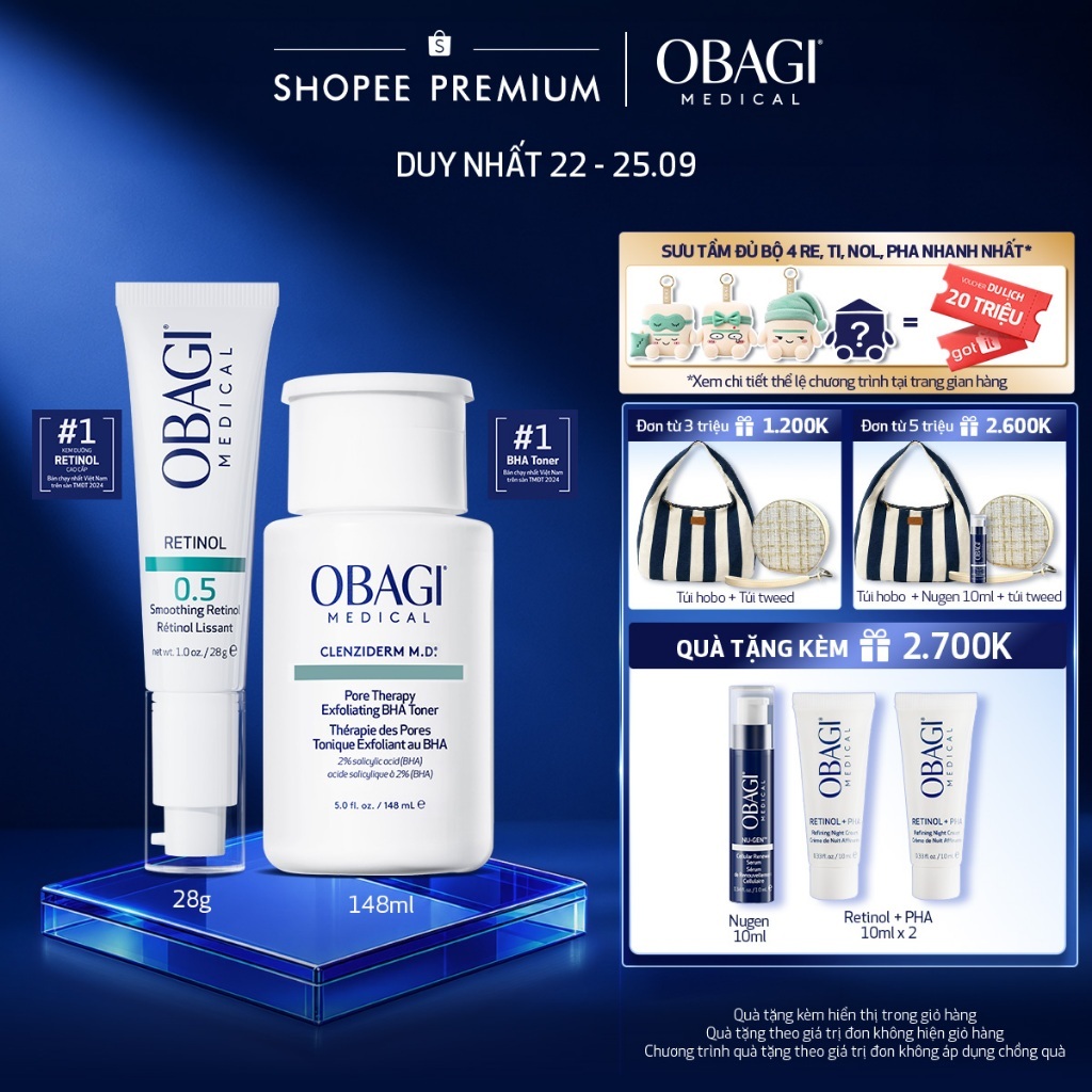 Bộ đôi dưỡng da Dung dịch Obagi Clenziderm M.D BHA Toner 148ml và Kem Dưỡng Đêm Obagi Retinol 0.5 (28g)