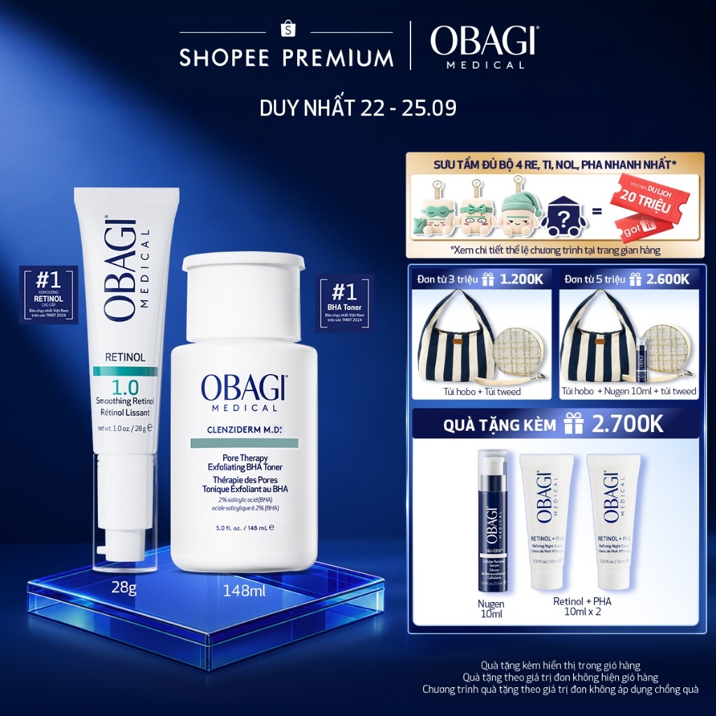 Bộ đôi dưỡng da Toner BHA Giảm Mụn Obagi Clenziderm M.D 148ml và Kem Dưỡng Đêm Obagi Retinol 1.0 (28g)