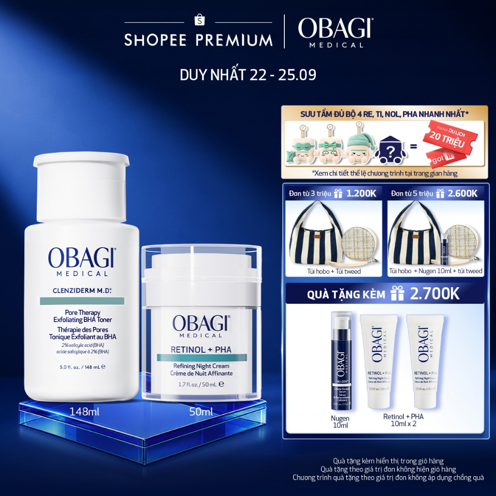 [Voucher SVIP 18%] Bộ đôi Kem Dưỡng Đêm Obagi Retinol + PHA 50ml và Toner Obagi Clenziderm M.D. Exfoliating 2% BHA 148ml