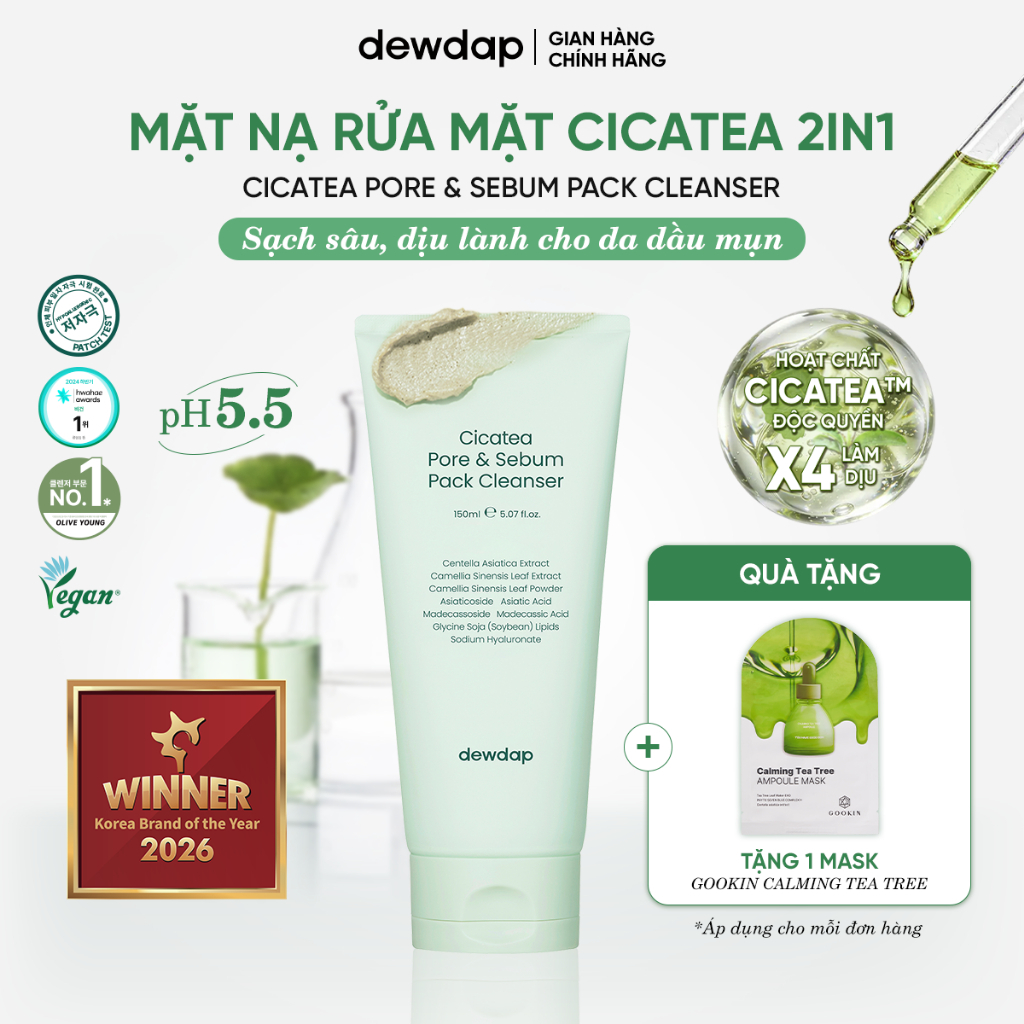 [TẶNG 1 MASK] Mặt Nạ Rửa Mặt 2 In 1 Làm Sạch Sâu Cho Da Dầu Mụn DEWDAP Cicatea Pore & Sebum Pack Cleanser 150ml