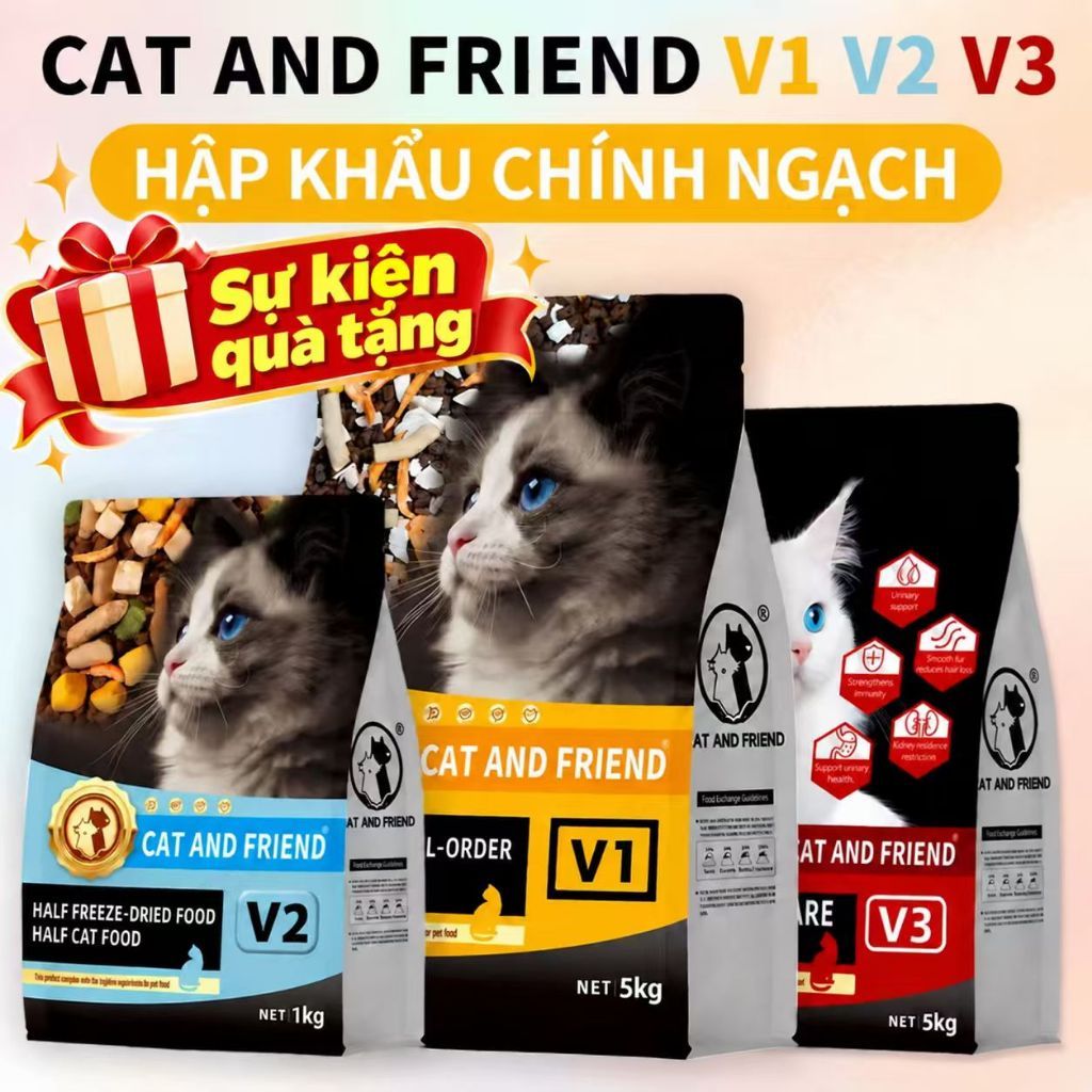 [Túi 5kg] Hạt Cho Mèo cat and friend 2 Pet V1 V2 V3 Đạm Cao Giúp Tăng Cân Nhanh, Hỗ Trợ Tiêu Hoá