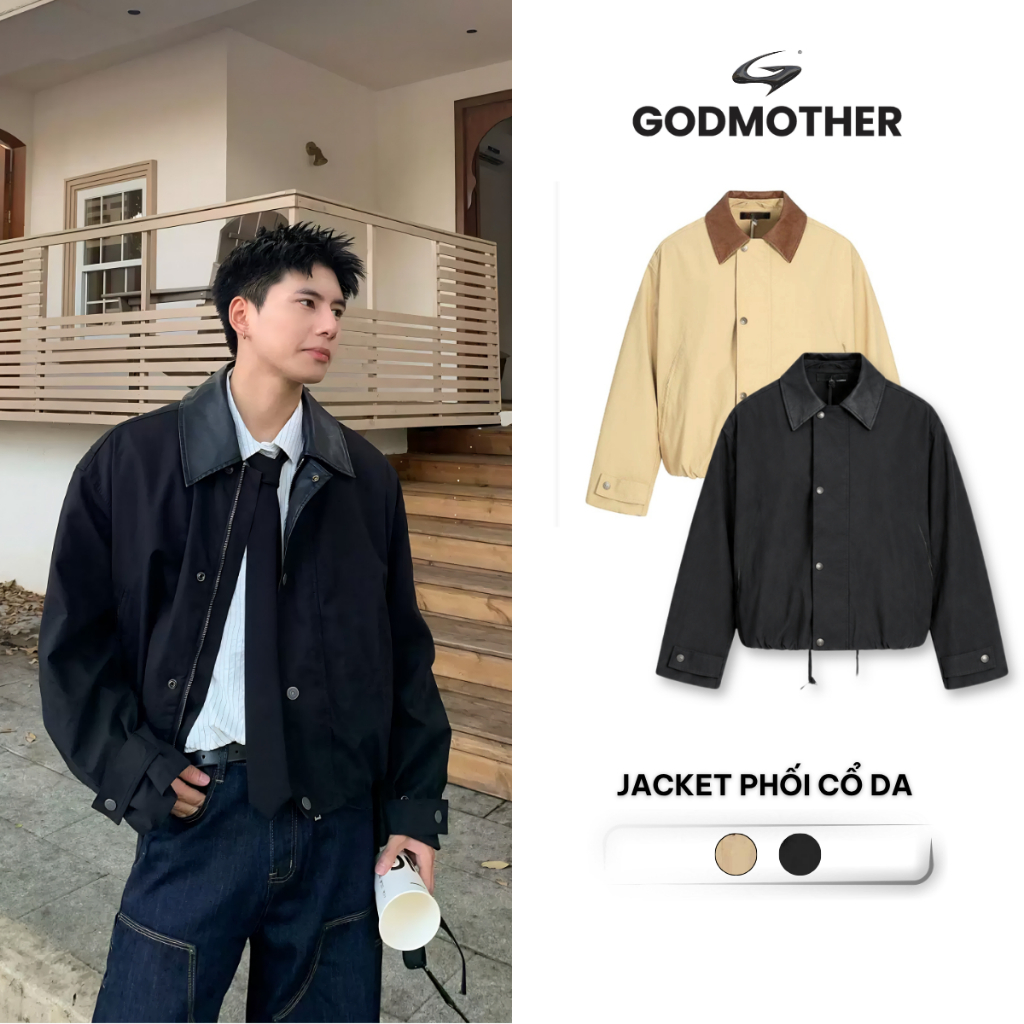 Áo Khoác Jacket GODMOTHER Phối Cổ Da Khoá Kéo Phong Cách Menswear Trẻ Trung Hip Hop Năng Động