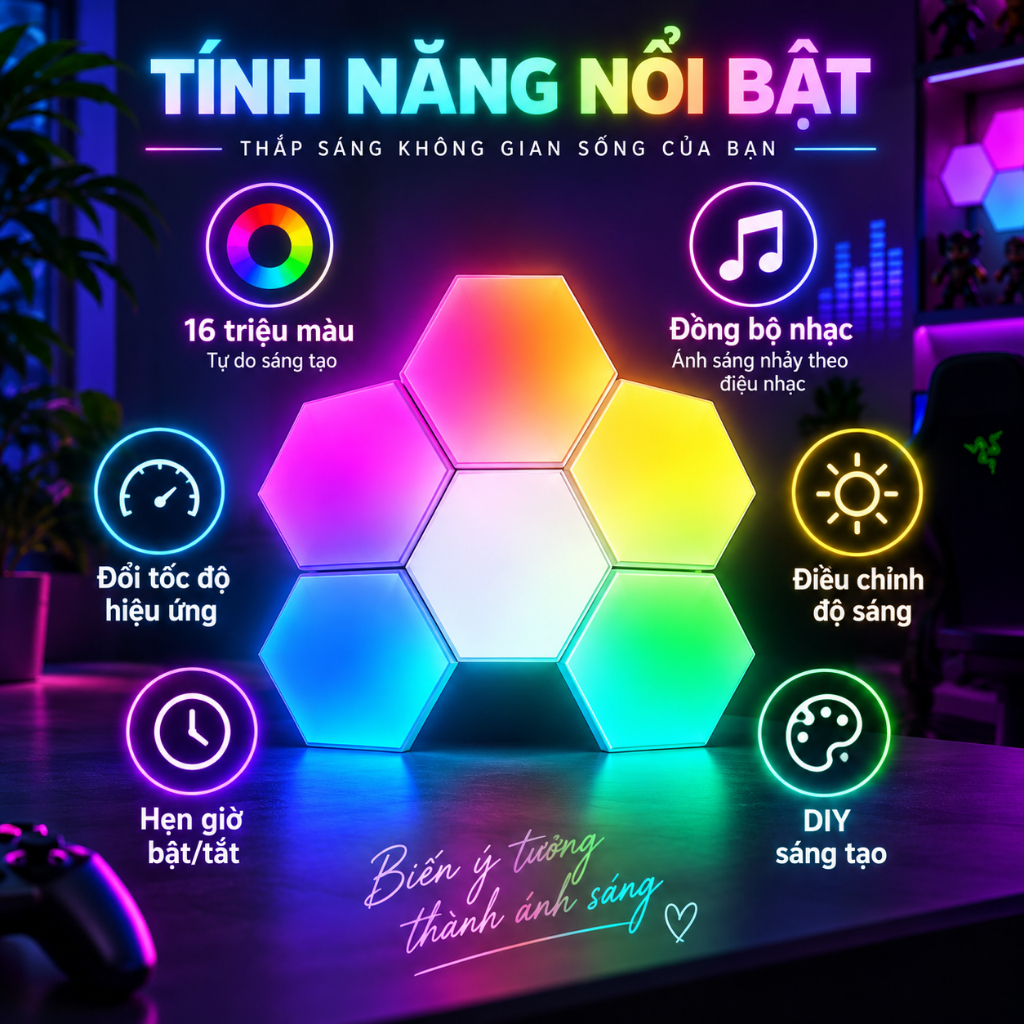 Đèn bàn LED RGB hình lục giác di động 12/8 chiếc Đèn LED được điều khiển bằng ứng dụng để trang trí nhà 1-20 | BigBuy360 - bigbuy360.vn