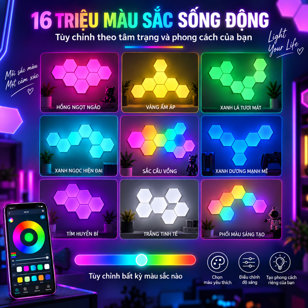 Đèn bàn LED RGB hình lục giác di động 12/8 chiếc Đèn LED được điều khiển bằng ứng dụng để trang trí nhà 1-20 | BigBuy360 - bigbuy360.vn