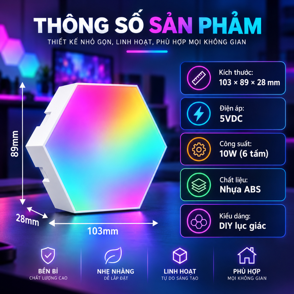 Đèn bàn LED RGB hình lục giác di động 12/8 chiếc Đèn LED được điều khiển bằng ứng dụng để trang trí nhà 1-20 | BigBuy360 - bigbuy360.vn