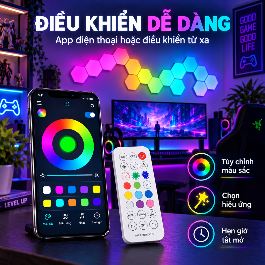 Đèn bàn LED RGB hình lục giác di động 12/8 chiếc Đèn LED được điều khiển bằng ứng dụng để trang trí nhà 1-20 | BigBuy360 - bigbuy360.vn