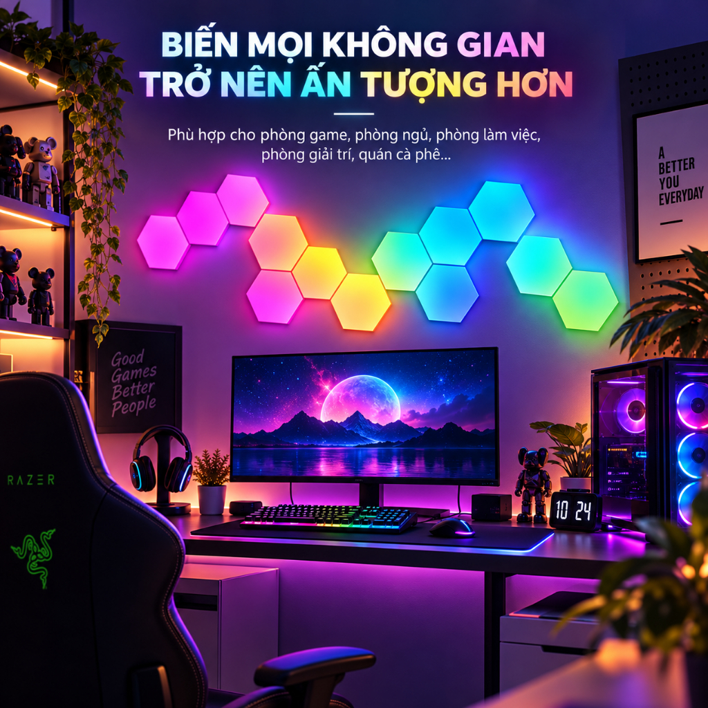 Đèn bàn LED RGB hình lục giác di động 12/8 chiếc Đèn LED được điều khiển bằng ứng dụng để trang trí nhà 1-20 | BigBuy360 - bigbuy360.vn