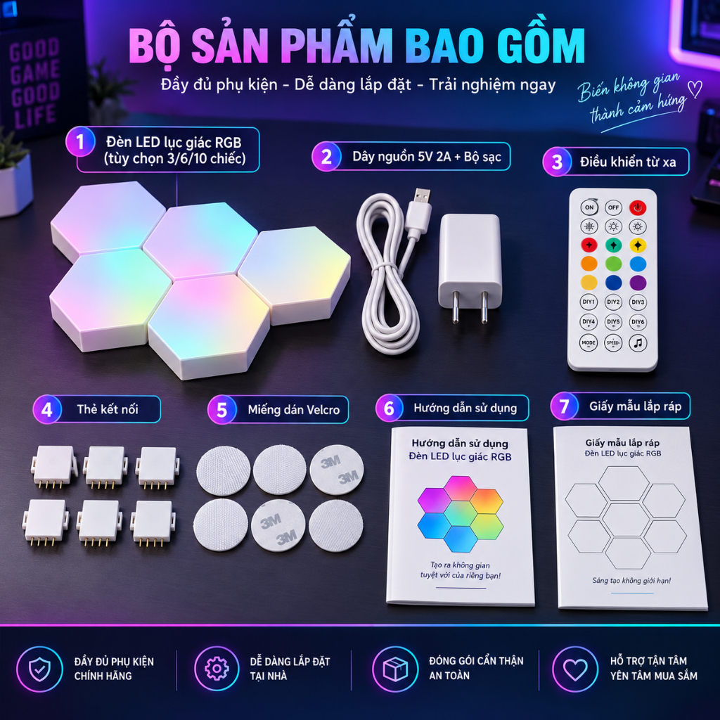 Đèn bàn LED RGB hình lục giác di động 12/8 chiếc Đèn LED được điều khiển bằng ứng dụng để trang trí nhà 1-20 | BigBuy360 - bigbuy360.vn