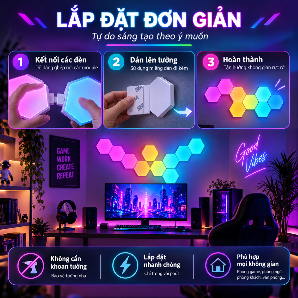 Đèn bàn LED RGB hình lục giác di động 12/8 chiếc Đèn LED được điều khiển bằng ứng dụng để trang trí nhà 1-20 | BigBuy360 - bigbuy360.vn