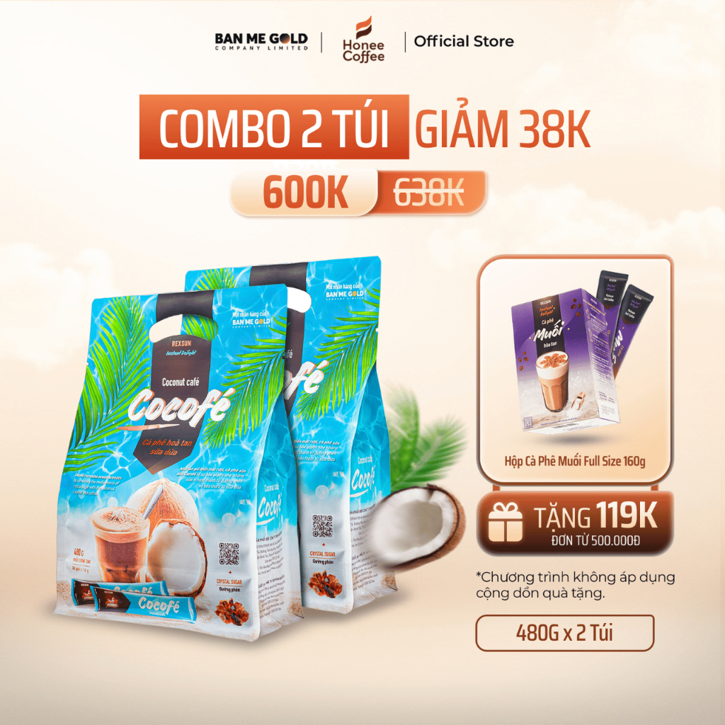 [TẶNG CF MUỐI] 2 Túi Cà Phê Sữa Dừa Cocofe (60 Gói) Cafe Dừa Thơm Béo Dễ Uống - Cà Phê Ít Đường Healthy Ban Me Gold