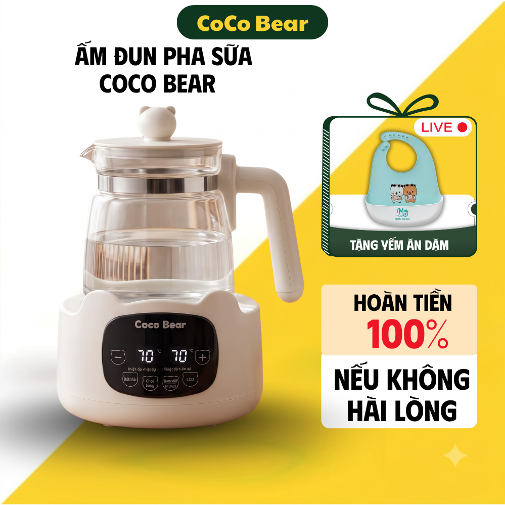 Bình Đun Nước Pha Sữa Cho Bé Coco Bear, ấm đun nước giữ nhiệt chuẩn, khử clo, bảo hành 18 tháng (YAD)