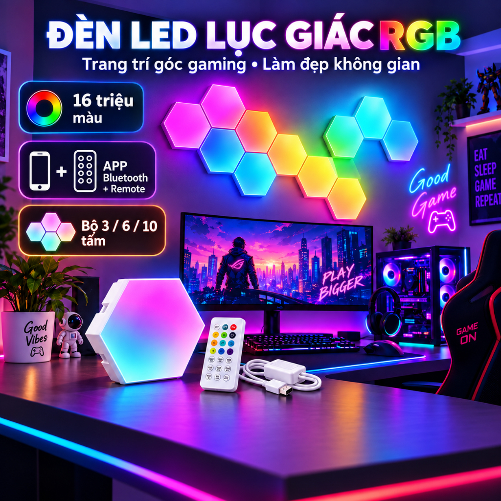 Đèn bàn LED RGB hình lục giác di động 12/8 chiếc Đèn LED được điều khiển bằng ứng dụng để trang trí nhà 1-20 | BigBuy360 - bigbuy360.vn