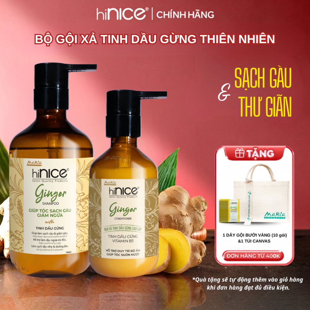 Bộ Gội Xả Tinh Dầu Gừng Thiên Nhiên hiNICE Ginger Hỗ Trợ Phục Hồi Tóc Khô Xơ, Sạch Gàu