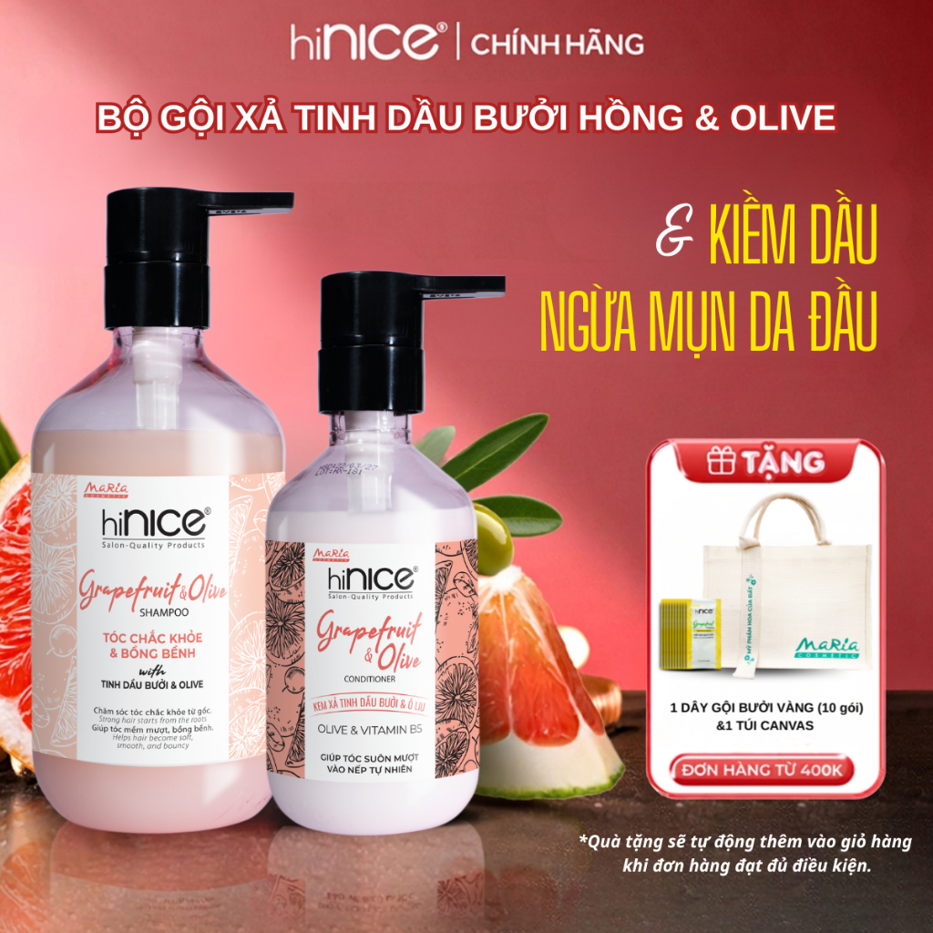 Bộ Gội Xả Tinh Dầu Bưởi Hồng Olive hiNICE Grapefruit & Olive Shampoo Hỗ Trợ Giảm Mụn Da Đầu