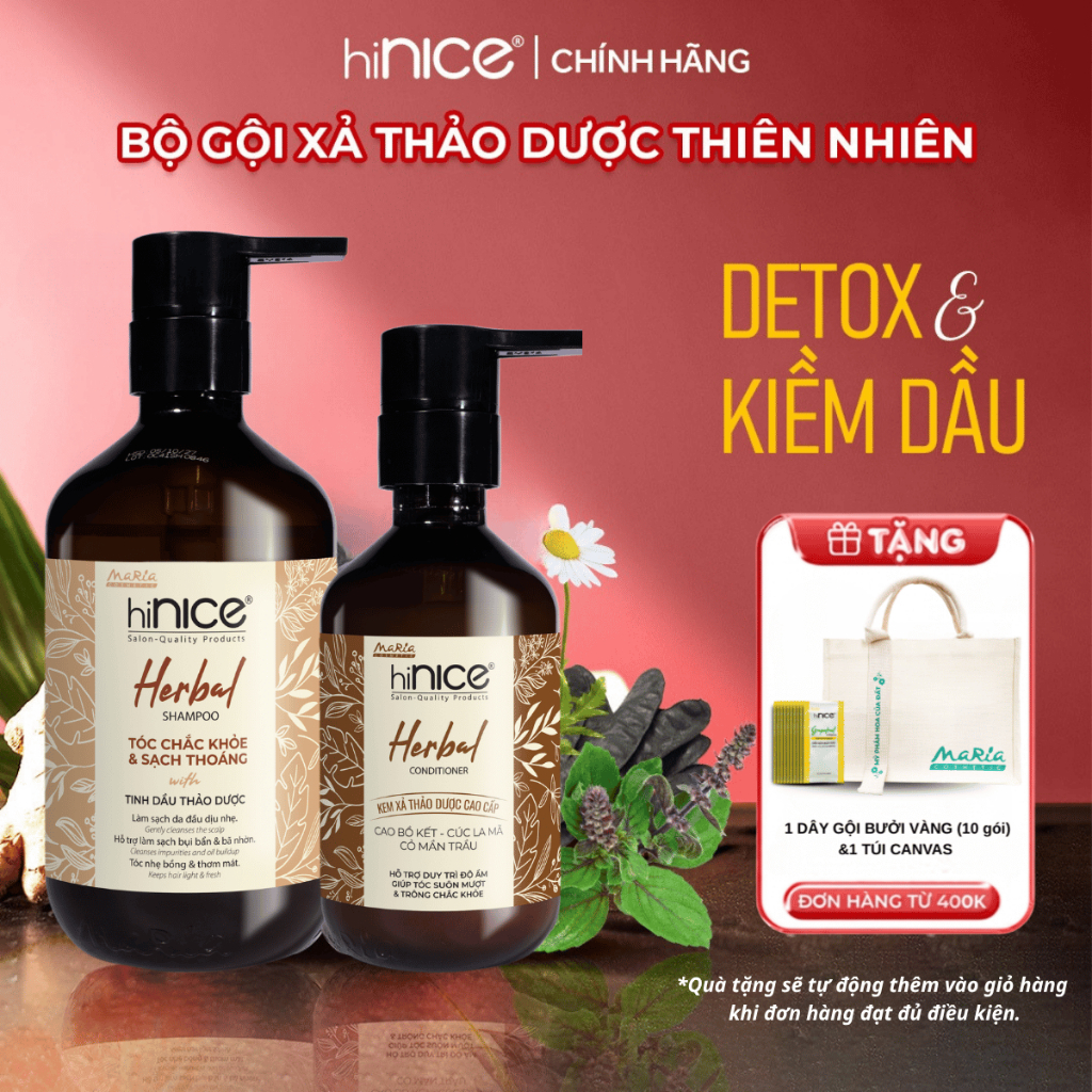 Bộ Dầu Gội Kem Xả Tinh Dầu Thảo Dược Kiềm Dầu Detox Da Đầu hiNICE Herbal Shampoo
