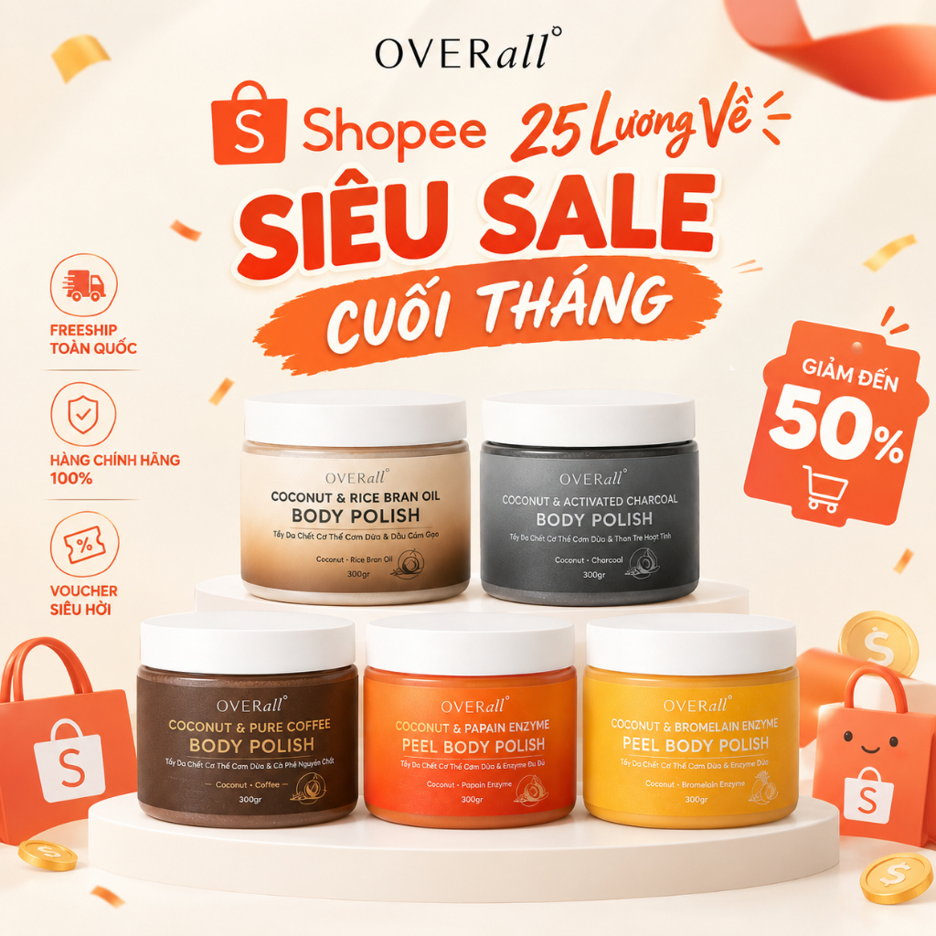 Tẩy Da Chết Cơ Thể Cơm Dừa OVERall 300g Sáng da Mờ Thâm An toàn Giảm Mụn Viêm lỗ chân lông - OVR01