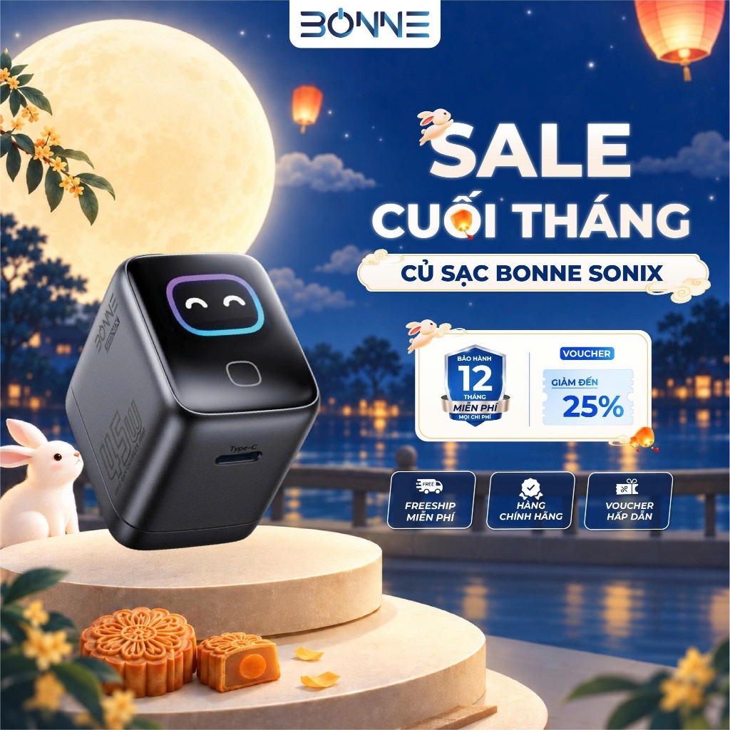 Củ Sạc Nhanh BONNE SONIX 45W, Củ Sạc Nhanh Tích Hợp Màn Hình, Nhận Diện Thiết Bị Thông Minh, Bảo Hành 12 Tháng