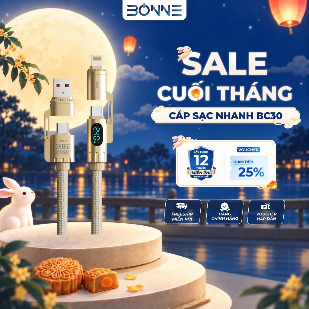 Cáp Sạc Nhanh BC30 ( Dài 2 Mét ) 4in1 Công Suất 240W Chính Hãng By Bonne TECHNOLOGIQUE Hỗ Trợ CarPlay, Bảo Hành 12T