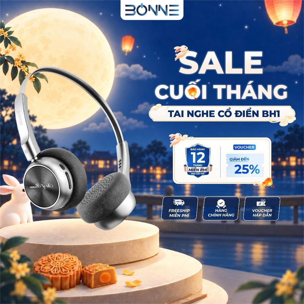 Tai Nghe Bluetooth Thiết Kế Cổ Điển BH1 By Bonne Chính Hãng, Tai Nghe Bluetooth 5.4, Âm thanh HIFI, Bảo hành 12 tháng