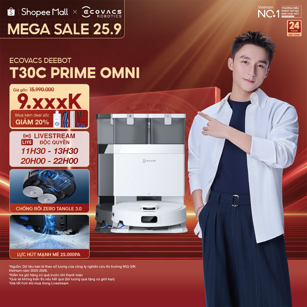 Ecovacs Deebot T30C Prime Omni Robot hút bụi lau nhà | Lực hút tối đa 25.000Pa | Trạm sạc xả tự động | BH 24 tháng