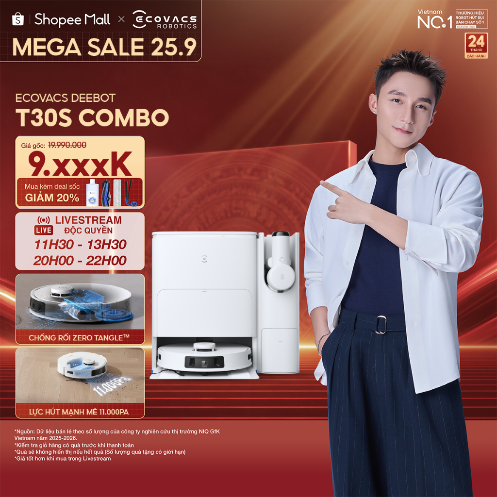 Ecovacs T30s Combo Robot hút bụi kết hợp máy hút bụi cầm tay | Lực hút 11.000Pa | Trạm OMNI toàn năng | BH 24 tháng