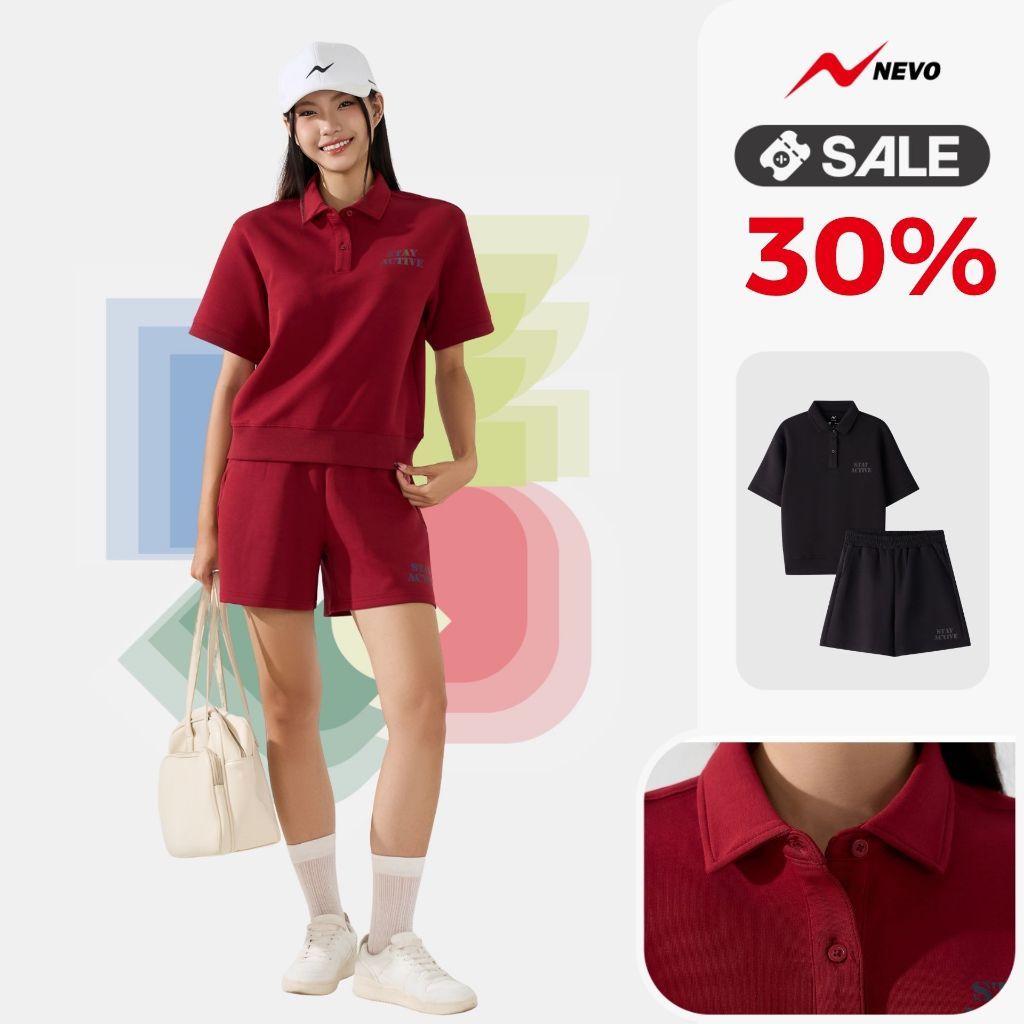 Set Đồ Nỉ Thu Đông Thể Thao Nữ NEVO Áo Polo Quần Shorts Co Giãn Thoáng Khí Tập Pickleball Tennis Golf Gym WBST26S003