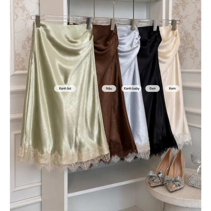 LA BOUTIQUE Chân váy lụa dáng lửng, chân váy midi nhún eo phối ren lai váy VN008