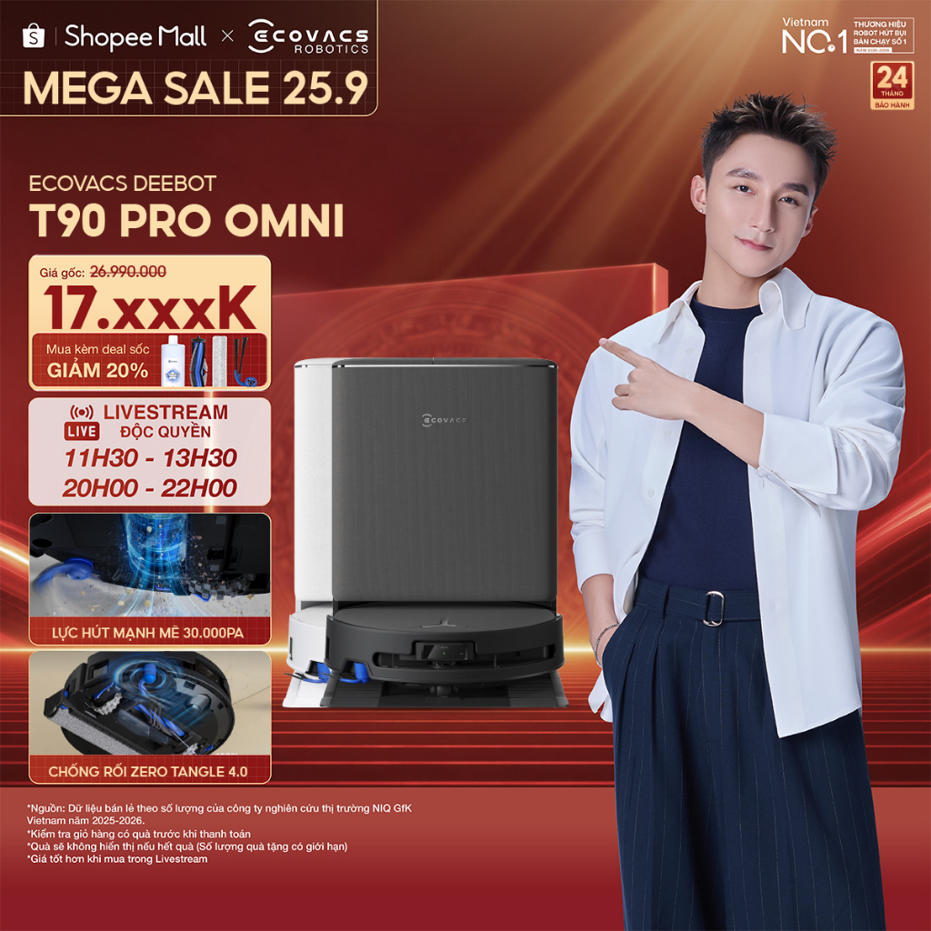 Ecovacs T90 Pro Omni Robot hút bụi lau nhà thông minh | Lực hút 30.000Pa | Trạm OMNI tự động sấy khô | BH 24 tháng
