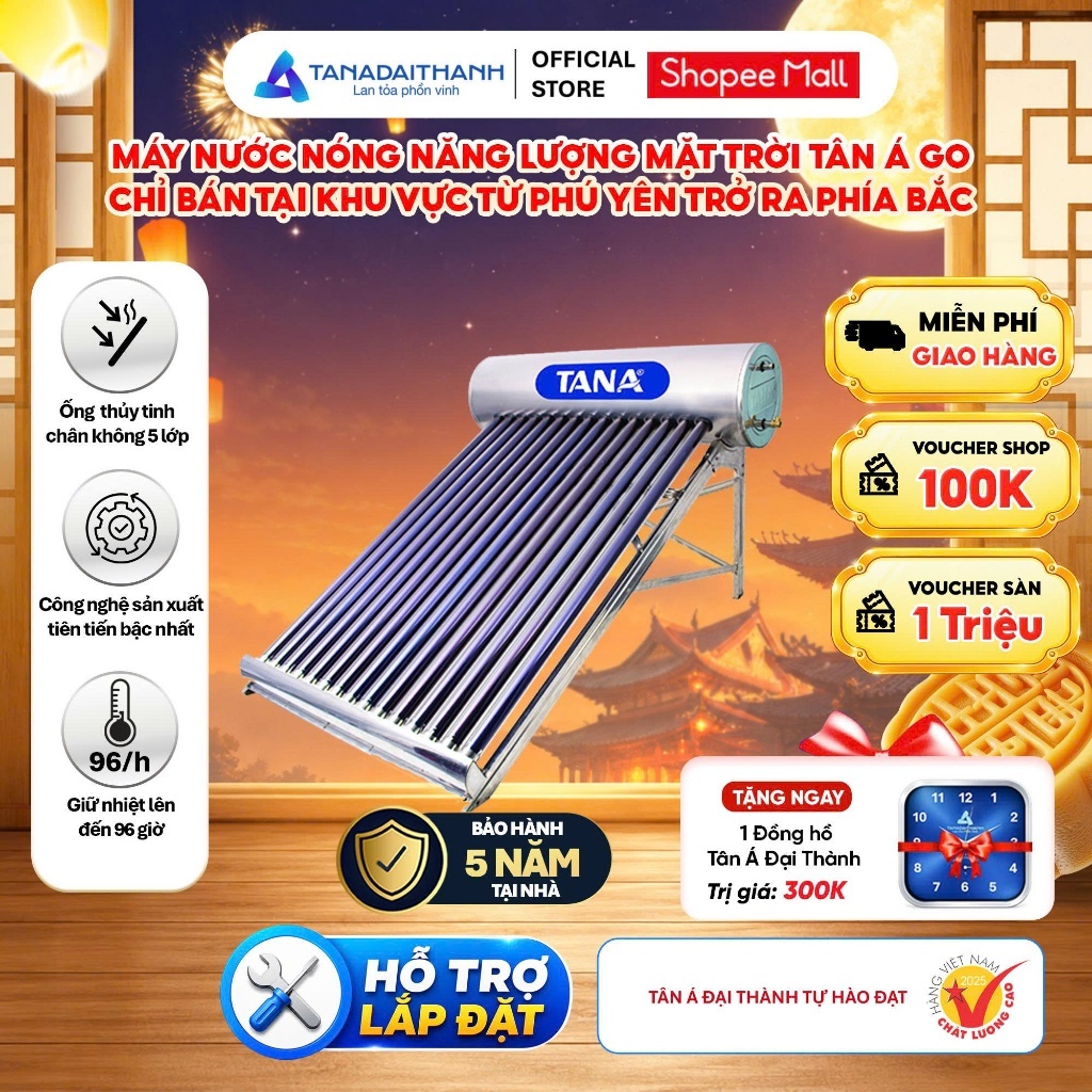 [GIAO LẮP MIỀN BẮC] Máy nước nóng Năng lượng mặt trời Tân Á GO 140L-300L - Chính hãng, BH 5 năm