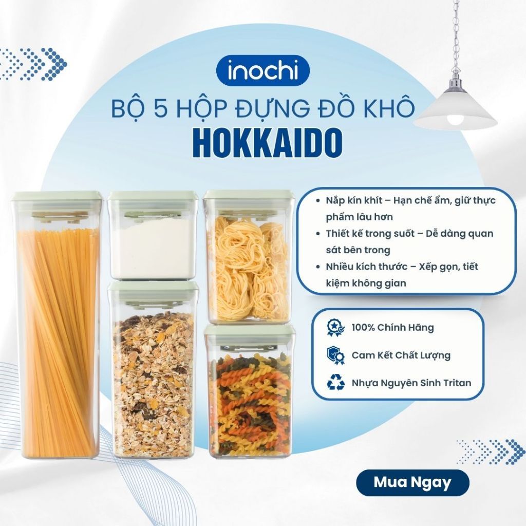 BỘ 5 HỘP ĐỰNG THỰC PHẨM KHÔ Hokkaido 500ml, 1000ml (2 hộp), 1400ml, 2100ml - Tiện lợi, đa dụng