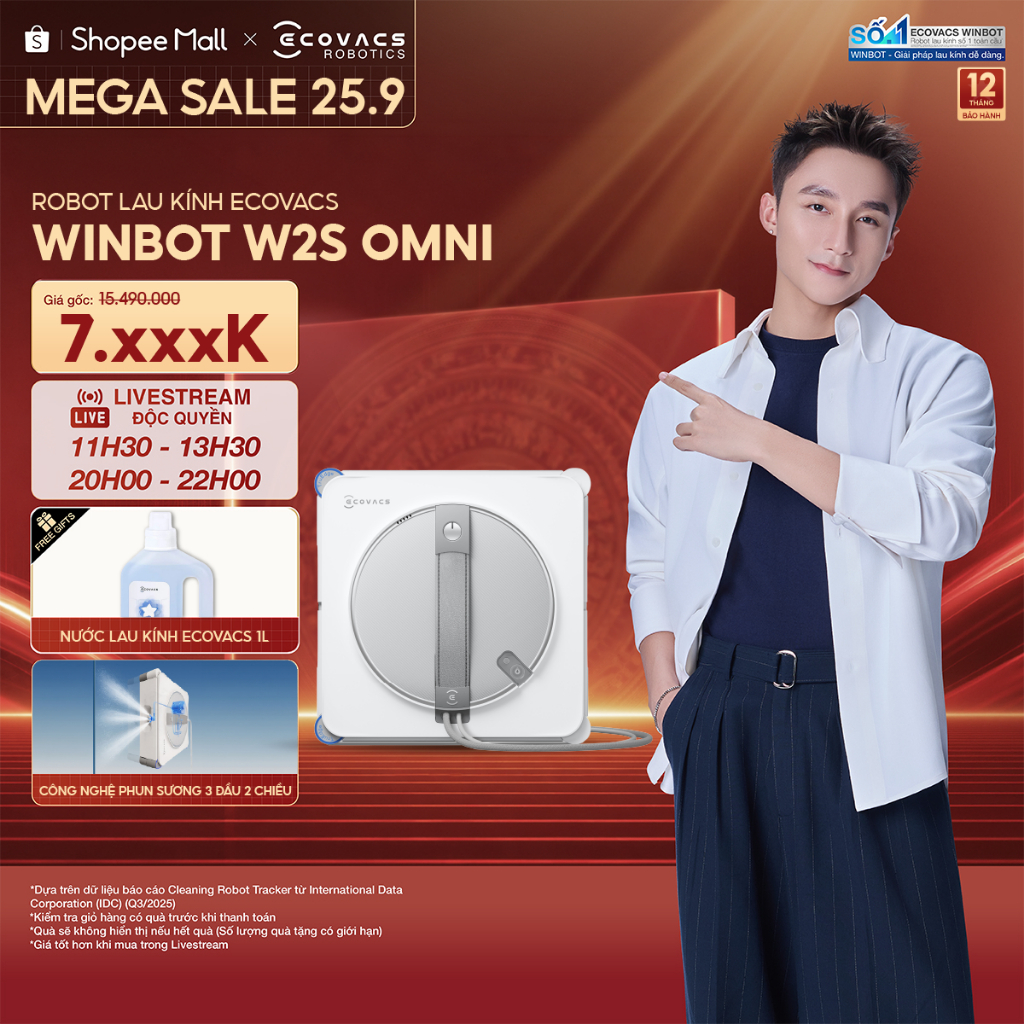 Ecovacs Winbot W2S Omni Robot lau kính thông minh | Trạm sạc đa năng di động | Lực hút tối đa 8.000 PA | BH 12 tháng