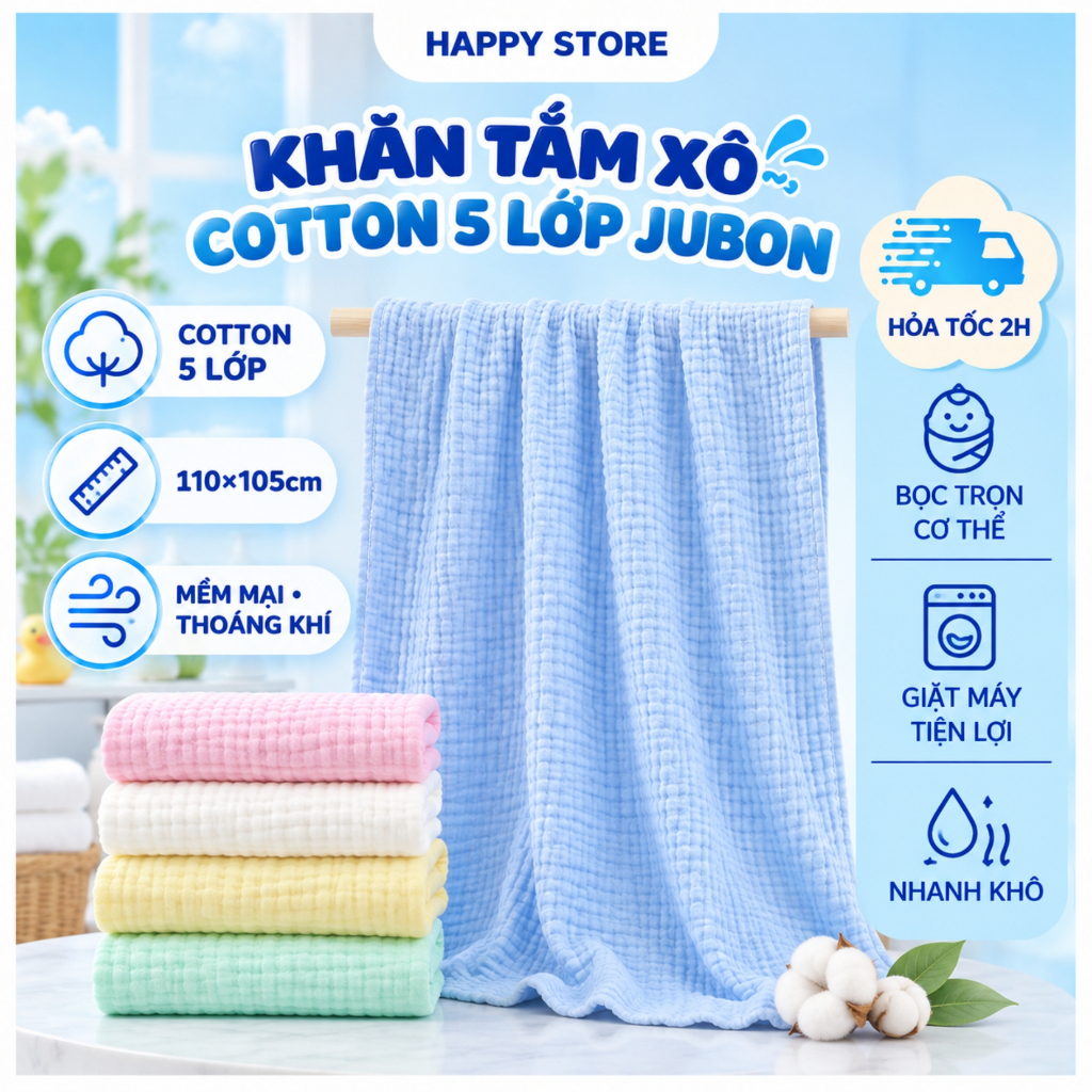 Khăn xô tắm cho bé Jubon 5 lớp màu trơn, khăn tắm sơ sinh mềm mại dùng quấn, choàng A79 Happy Store