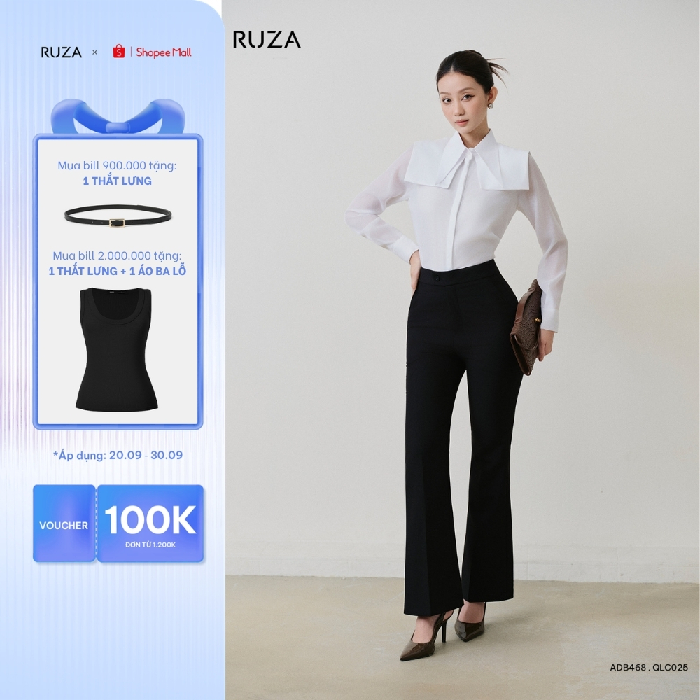 Quần tây nữ RUZA ống loe chất liệu lụa chéo thoáng mát màu đen chuẩn form thời trang công sở QLC025 026