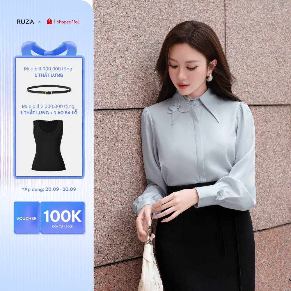 Áo sơ mi nữ tay dài RUZA chất liệu lụa cao cấp kiểu dáng công sở thiết kế thanh lịch sang trọng ADB315