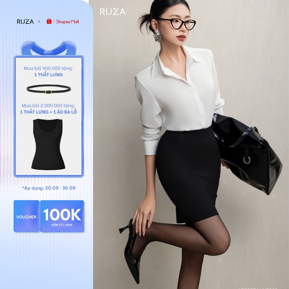 Áo sơ mi nữ RUZA chất liệu lụa màu trắng tay dài kiểu basic công sở mềm mại thoáng mát ADE368