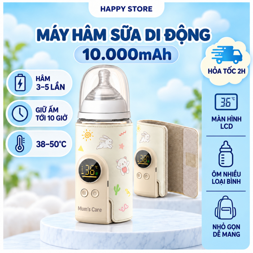 Máy hâm sữa di động Mum's Care cho bé pin 10.000mAh, túi ủ sữa giữ ấm 10 tiếng phù hợp nhiều loại