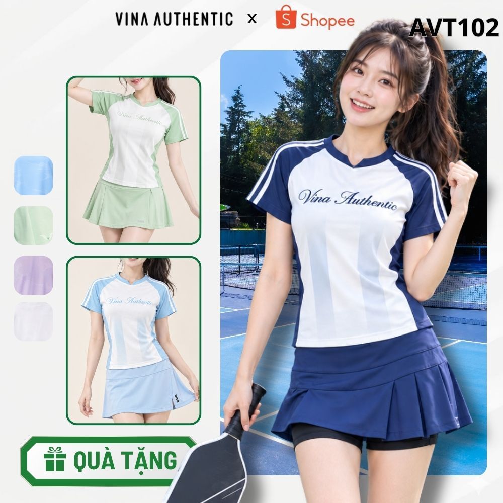 [SALE 30%] Set Váy Thể Thao Nữ Cổ Tim Phối Sọc Kèm Chân Váy Tennis Có Quần Bảo Hộ – Đồ Tập Gym, Chạy Bộ, Cầu Lông AVT102