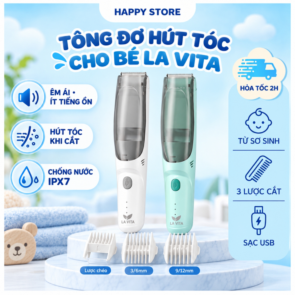 Tông đơ hớt tóc cho bé Misuta, La Vita êm ái, an toàn, tông đơ hút tóc nhỏ, bảo hành 12 tháng