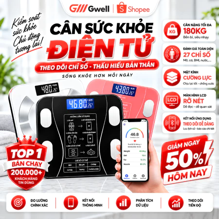 Cân Điện Tử Sức Khỏe Sạc USB Kết Nối Bluetooth Phân Tích Chỉ Số Cơ Thể Trọng Lượng Tối Đa 180kg