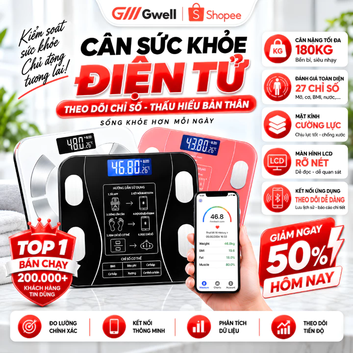 Cân Điện Tử Sức Khỏe Sạc USB Kết Nối Bluetooth Phân Tích Chỉ Số Cơ Thể Trọng Lượng Tối Đa 180kg