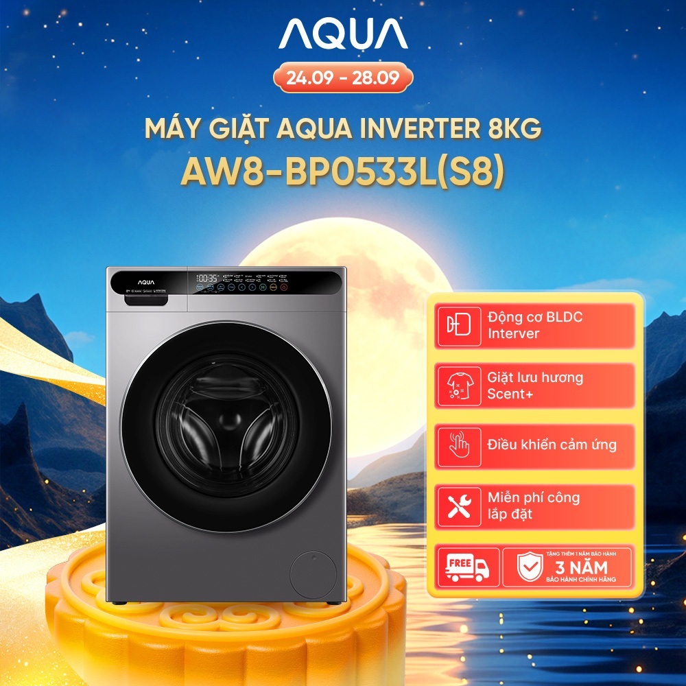 [DEAL XỊN THÁNG 9] Máy giặt cửa trước Aqua Inverter 8KG AW8-BP0533L(S8) - Freeship toàn quốc