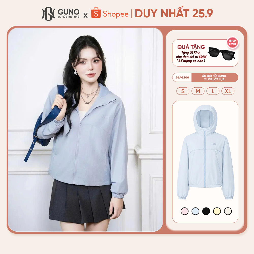 Áo Khoác Gió Nữ GUNO 2 Lớp Lót Lụa Dày Dặn Có Mũ Trùm Đầu Giữ Ấm Chống Gió Bụi Cao Cấp 26AG206
