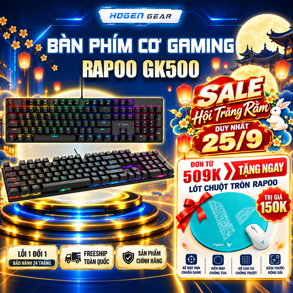 Bàn Phím Cơ Gaming Rapoo GK500 | Đèn RGB | Full Size | Chống Chàn nước | Bảo Hành 24 Tháng