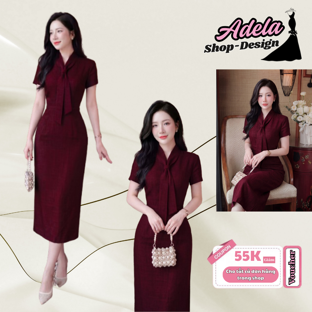 Váy Công Sở ADELA DESIGN Xước Thái Đỏ Burgundy Cổ Nơ Bản Lớn Dáng Bút Chì MDU6586