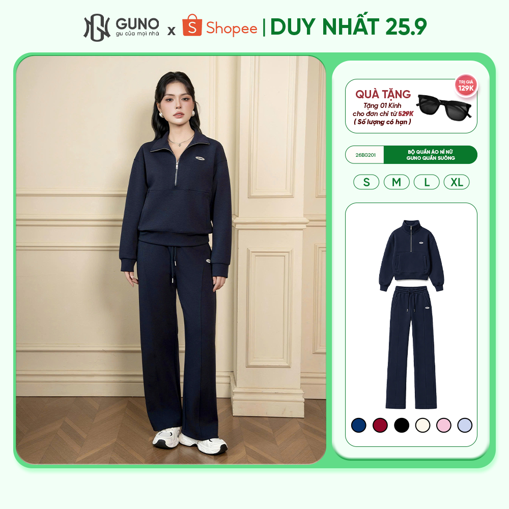 Bộ quần áo nỉ nữ GUNO Polo cổ bẻ phối khoá thanh lịch thời trang quần suông basic 26BG201