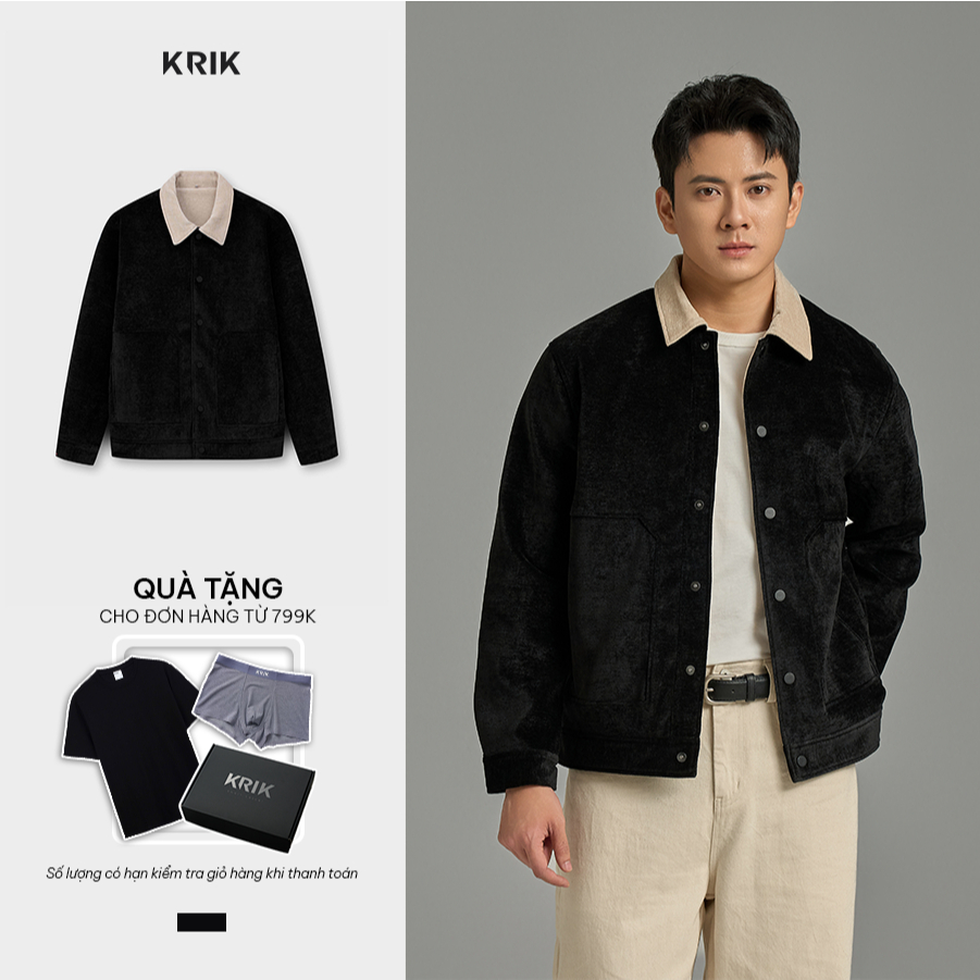 [Best Seller] Áo Khoác Nhung Nam KRIK Form Regular Chất Liệu Nhung Bóng Mượt Thiết Kế Phối Màu Trẻ Trung AK5213