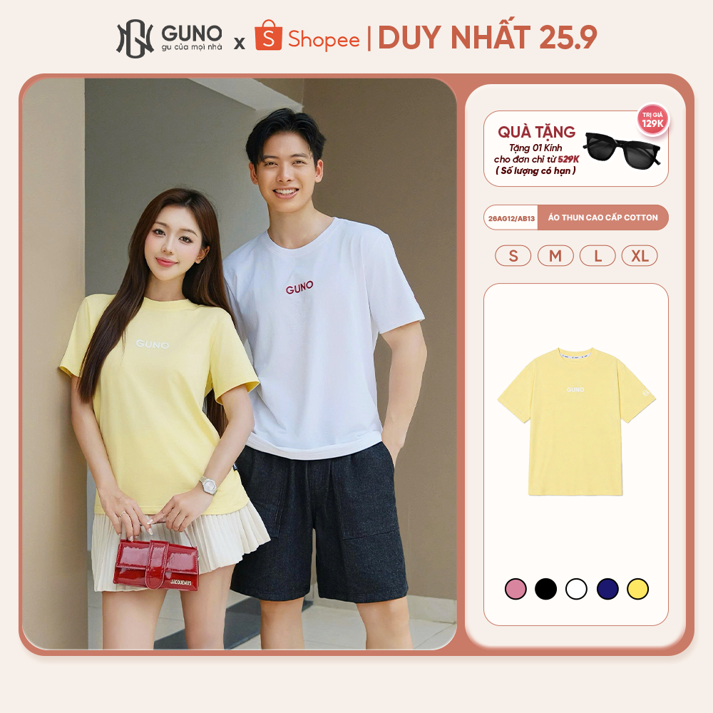 Áo Thun Nam Nữ GUNO Cao Cấp Cotton Co Giãn Mềm Mát Thoáng Khí Cổ Tròn Basic Logo Dập Nổi 26AG12/AB13