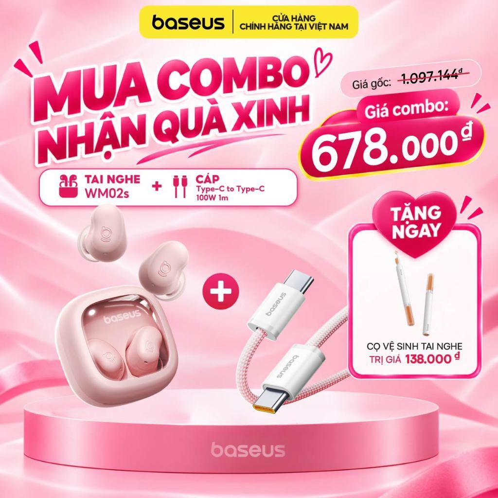 [PINK by BASEUS - COMBO MUA 1 TẶNG 1] Bộ Sưu Tập Phụ Kiện Sạc, Tai Nghe Màu Hồng Cá Tính - Power Looks Better in Pink!